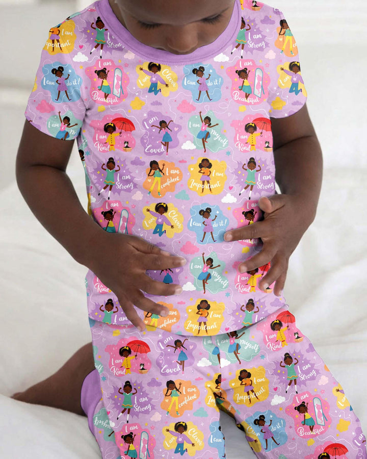 African American Girl I Am Loved Bamboo Two Piece Short Sleeve Pajama Set
