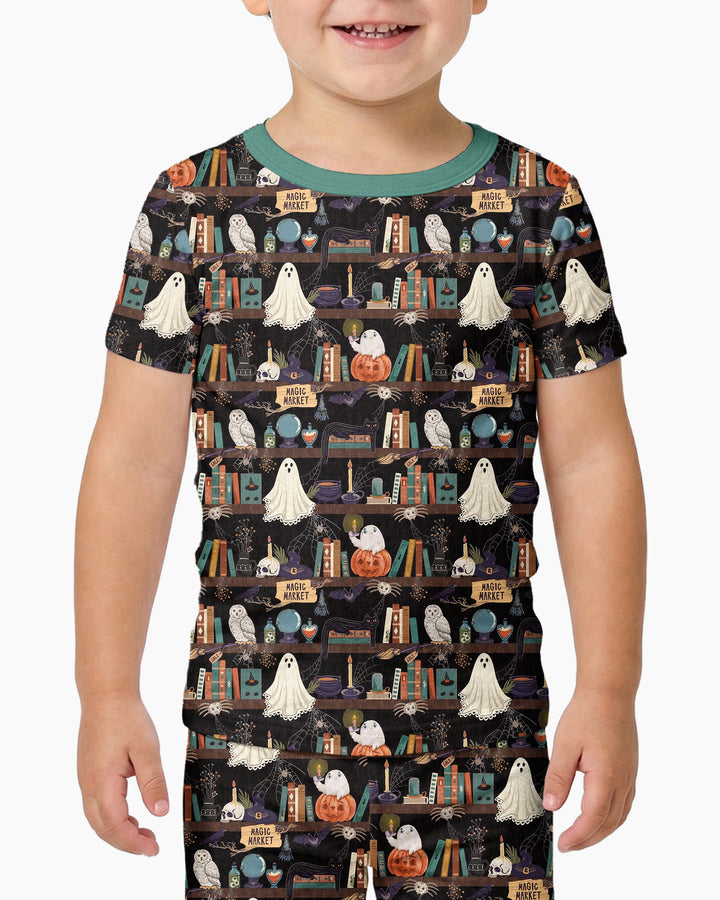 Cute Ghost Witchy Halloween Magic Library Bamboo Two Piece Short Sleeve Pajama Set
