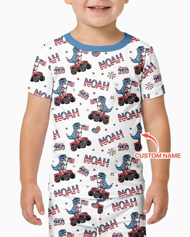 Custom Name American Flag Dinosaur Bamboo Two Piece Short Sleeve Pajama Set