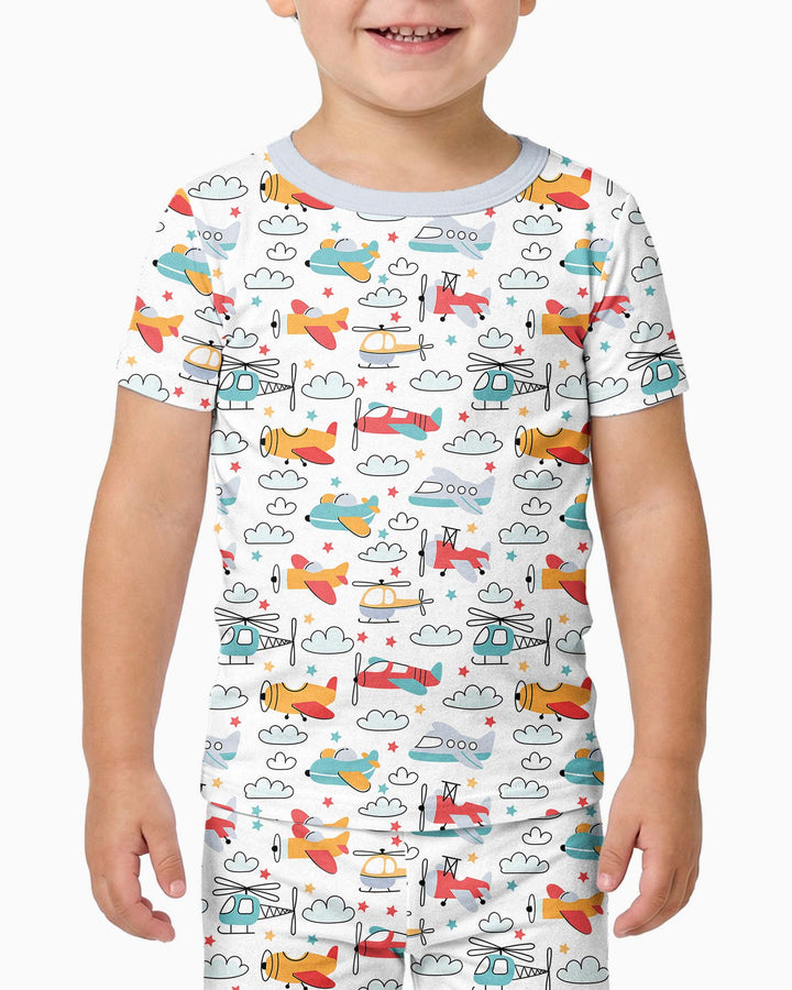 Flugzeuge und Hubschrauber zweiteiliges Pyjama-Set aus Bambus mit kurzen Ärmeln