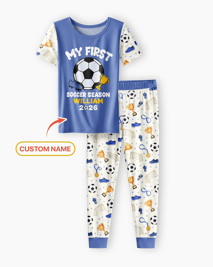 Custom Name My First Soccer Season Bamboo Two Piece Short Sleeve Pajama Set