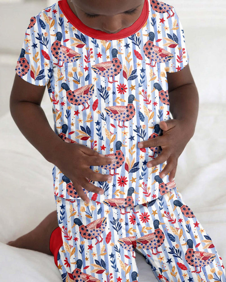 Patriotic Mallard Duck Bamboo Two Piece Short Sleeve Pajama Set