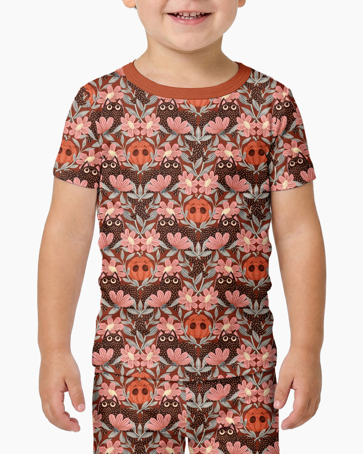 Spooky Owl Pumpkin Folk Floral Halloween Bamboo Two Piece Short Sleeve Pajama Set