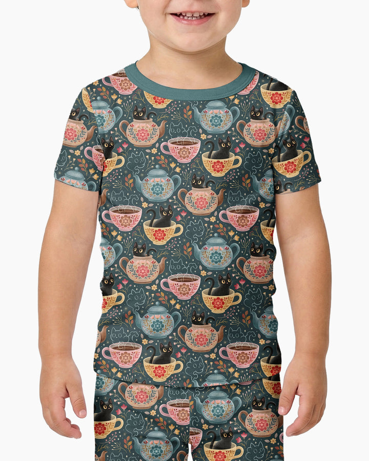 Folk Floral Black Cat Tea Party Bamboo Two Piece Short Sleeve Pajama Set