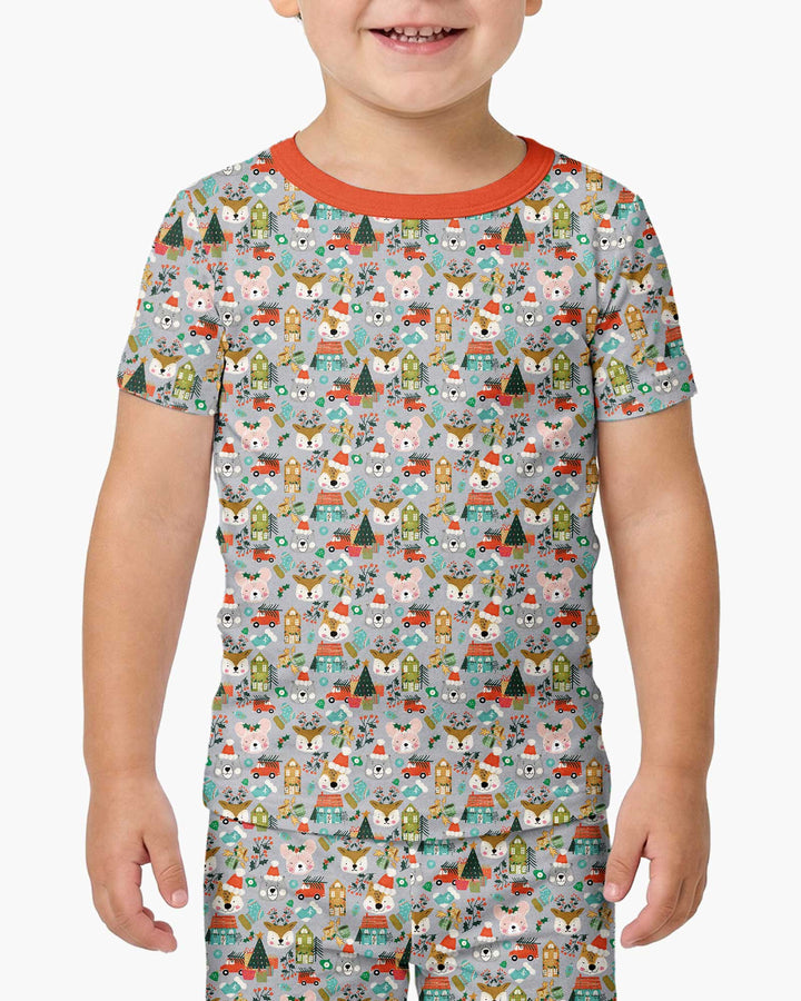 Christmas Woodland Deer Fox Bear Bamboo Two Piece Short Sleeve Pajama Set