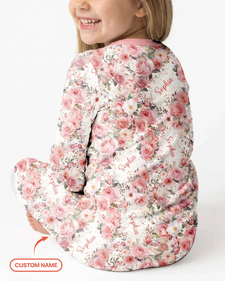 Custom Name Birth Month Flowers Bamboo Two Piece Long Sleeve Pajama Set