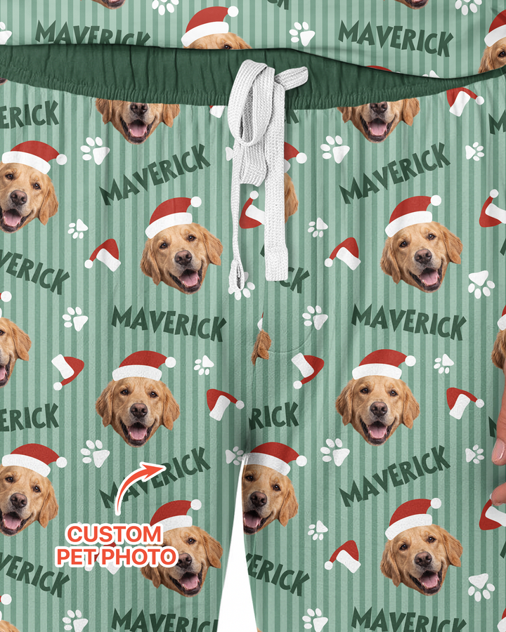 Custom Pet Photo Christmas Paws Stripe Bamboo Men's Pajama Set