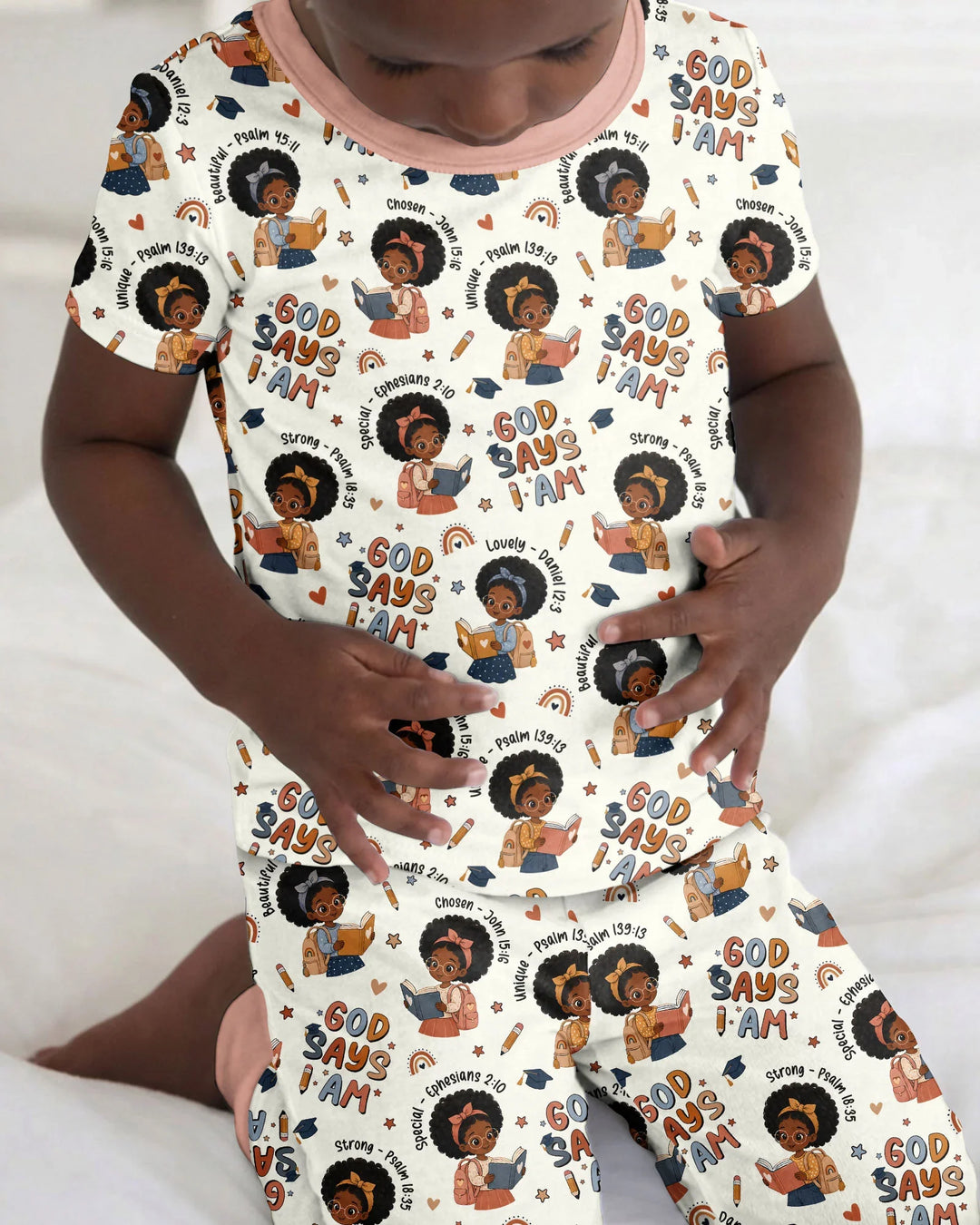 God Says I Am Cute Learning Afro Girl  Bamboo Two Piece Short Sleeve Pajama Set