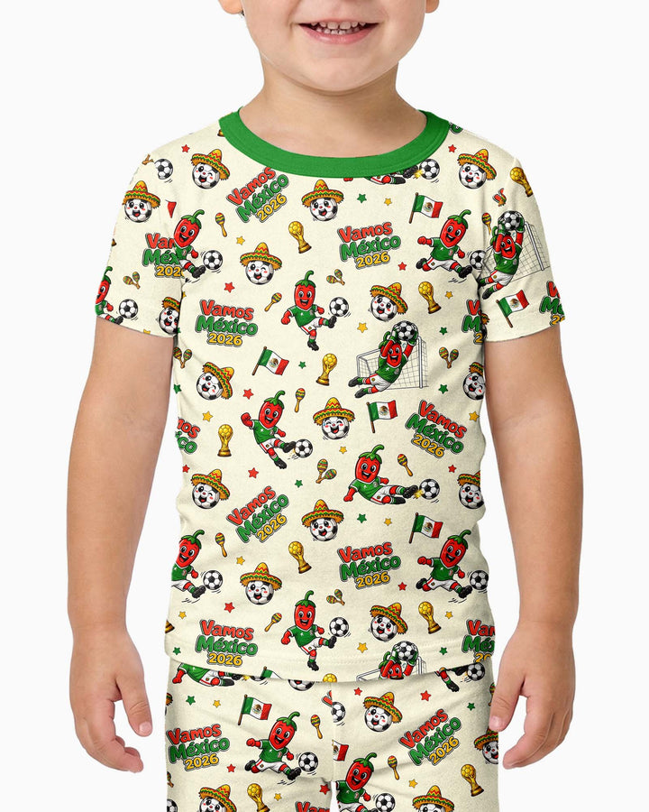 Cartoon World Soccer Vamos Mexico Family Matching Bamboo Two Piece Short Sleeve Pajama Set