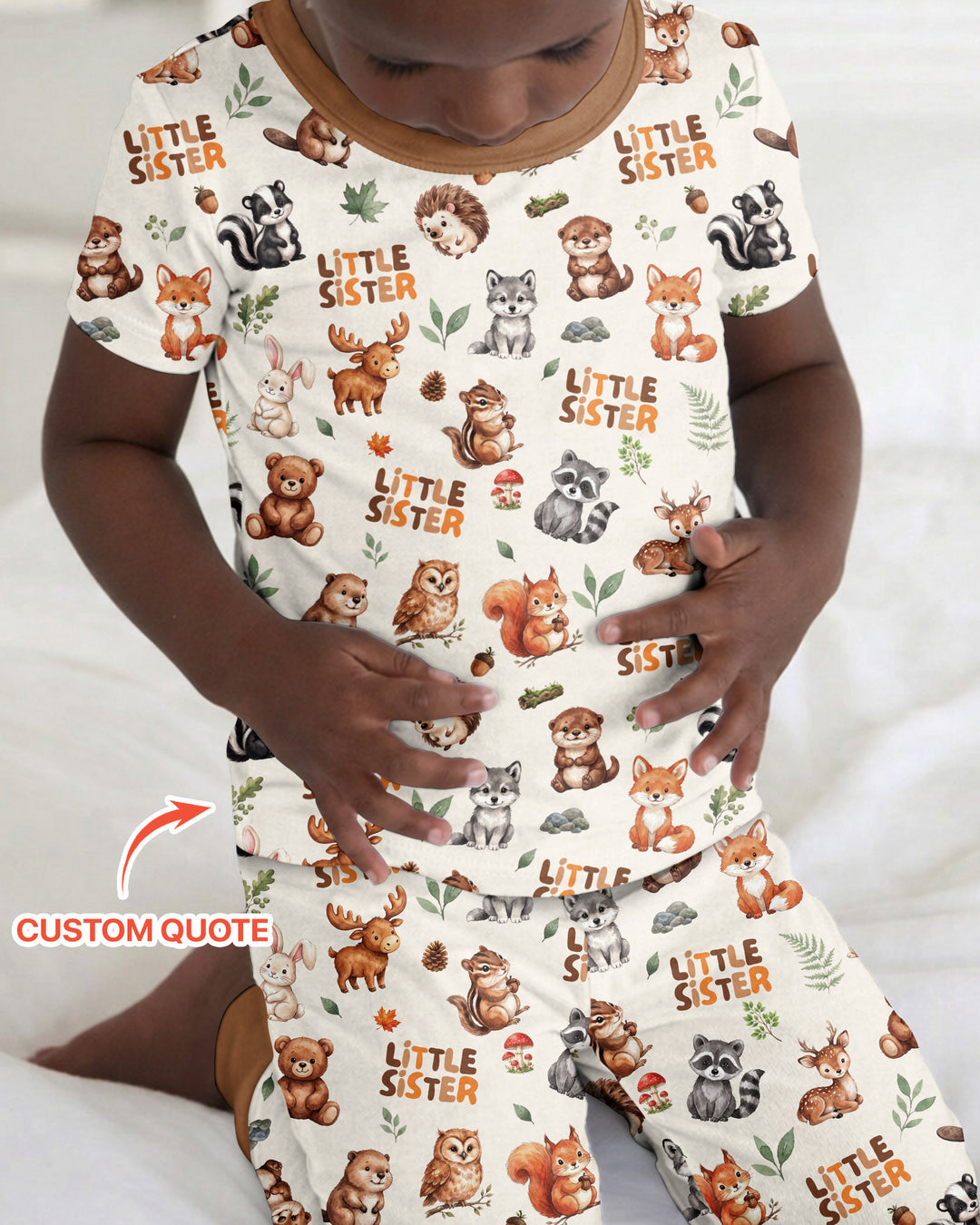 Custom Quote Woodland Animal Matching Sibling Bamboo Two Piece Short Sleeve Pajama Set