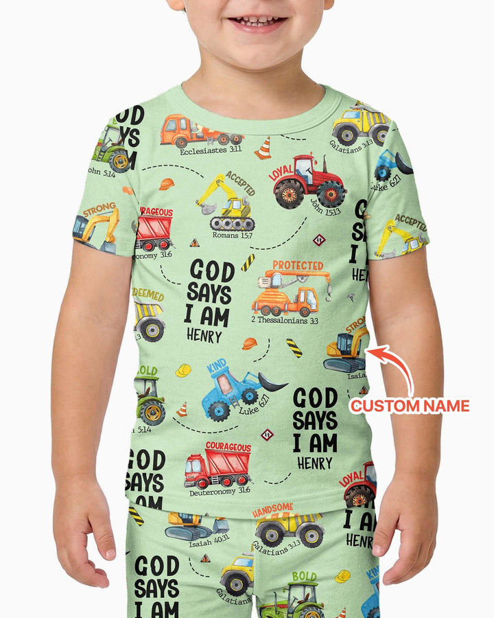 Conjunto de Pijama de Dos Piezas de Bambú para Niño con Manga Corta "God Says I Am" con Nombre Personalizado