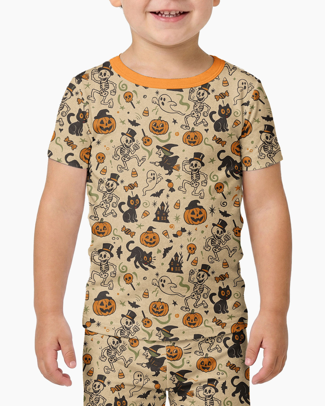 Vintage Skeleton Pumpkin Halloween Bamboo Two Piece Short Sleeve Pajama Set