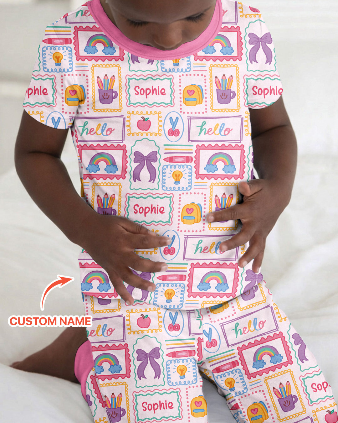 Custom Name Hello School Bamboo Two Piece Short Sleeve Pajama Set