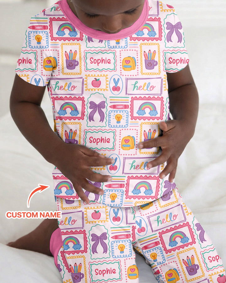 Custom Name Hello School Bamboo Two Piece Short Sleeve Pajama Set