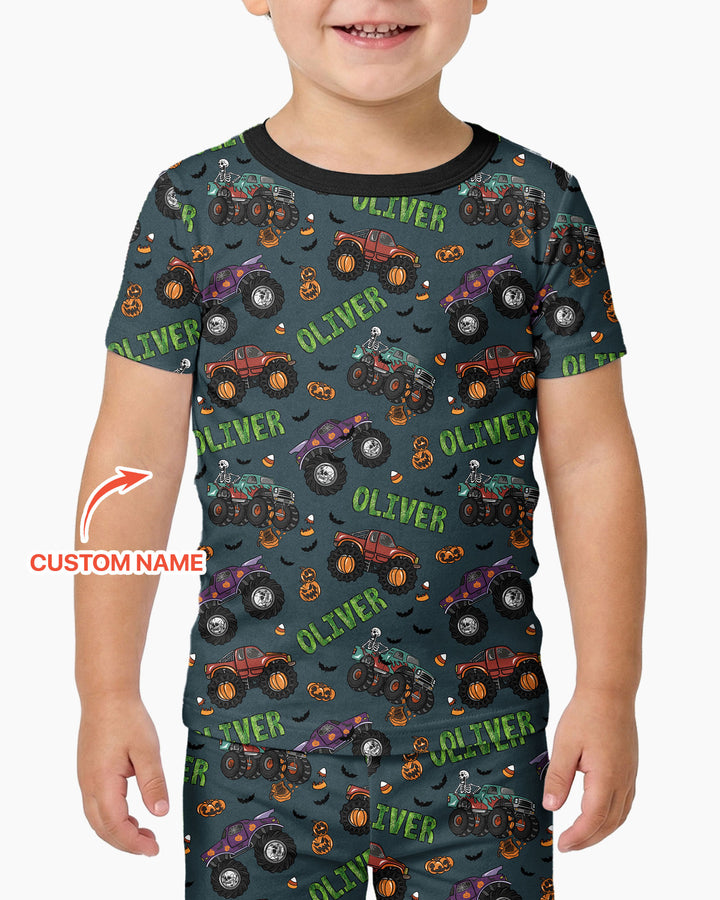 Custom Name Haunted Monster Trucks  Bamboo Two Piece Short Sleeve Pajama Set