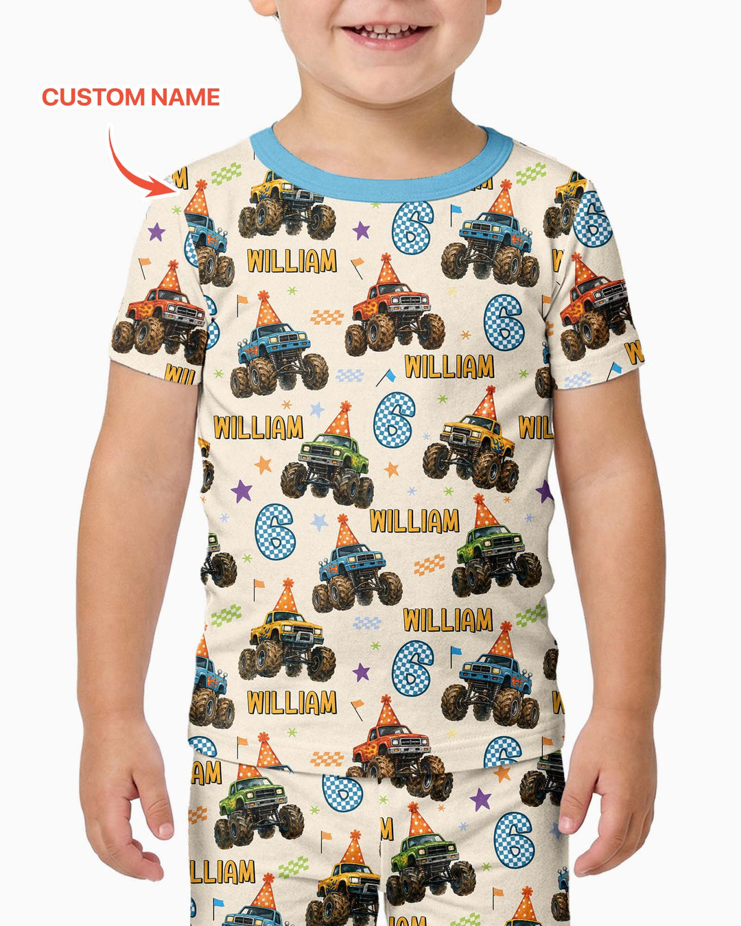 Custom Name Birthday Boy Monster Truck Bamboo Two Piece Short Sleeve Pajama Set