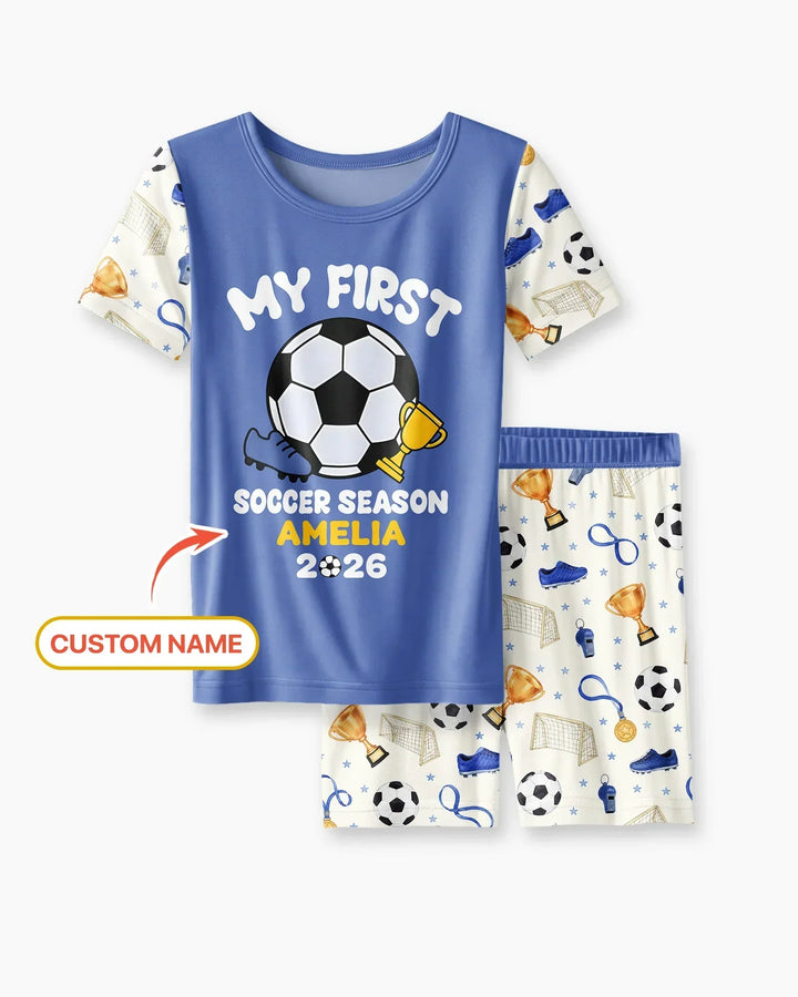 Custom Name My First Soccer Season Bamboo Two Piece Short Sleeve Shorts Pajama Set