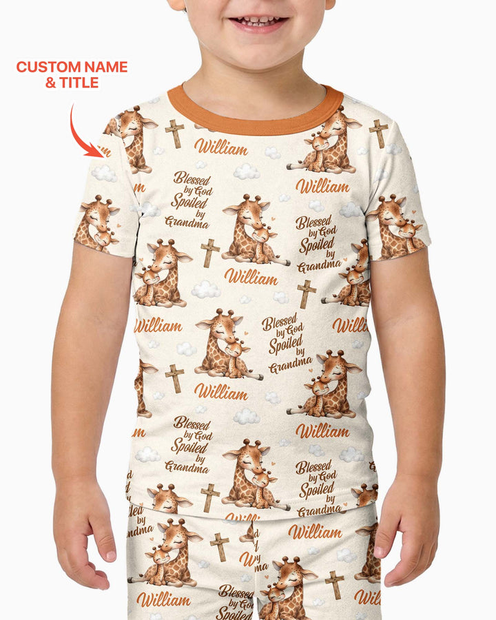 Custom Name Blessed By God Spoiled By Grandma Bamboo Two Piece Short Sleeve Pajama Set