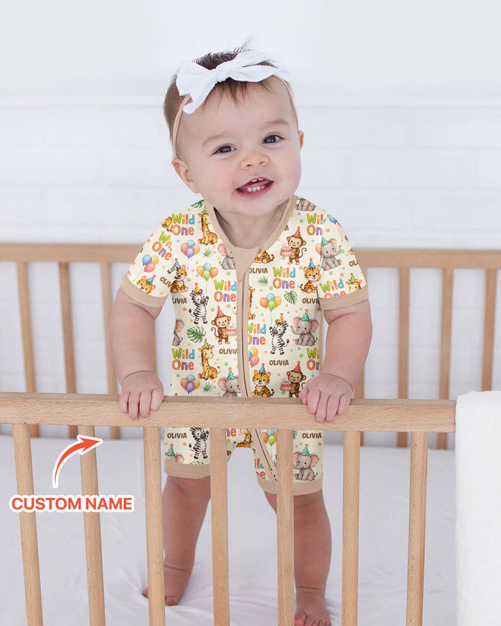 Custom Name 1st Birthday Wild One Bamboo Shorty Zippy