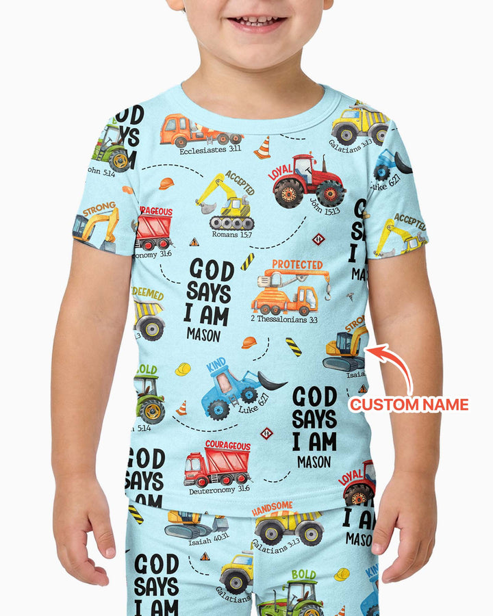 Conjunto de Pijama de Dos Piezas de Bambú para Niño con Manga Corta "God Says I Am" con Nombre Personalizado