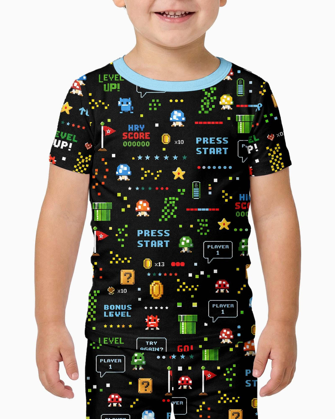 Conjunto de pijama de dos piezas de manga corta de bambú a juego para amantes de los juegos de píxeles