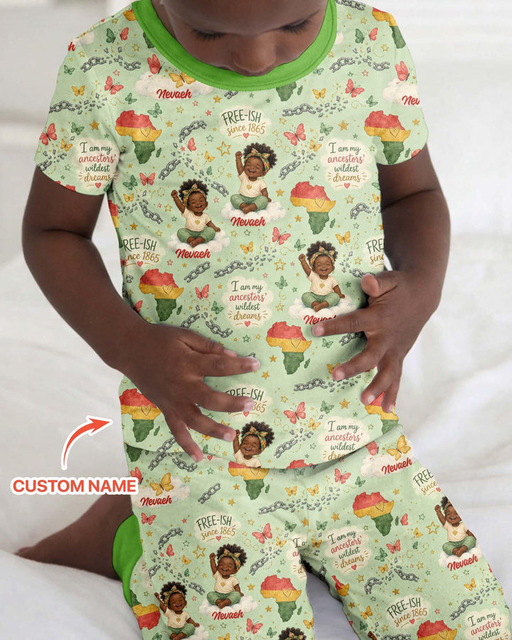 Custom Name Juneteenth I Am My Ancestors' Wildest Dream Bamboo Two Piece Short Sleeve Pajama Set