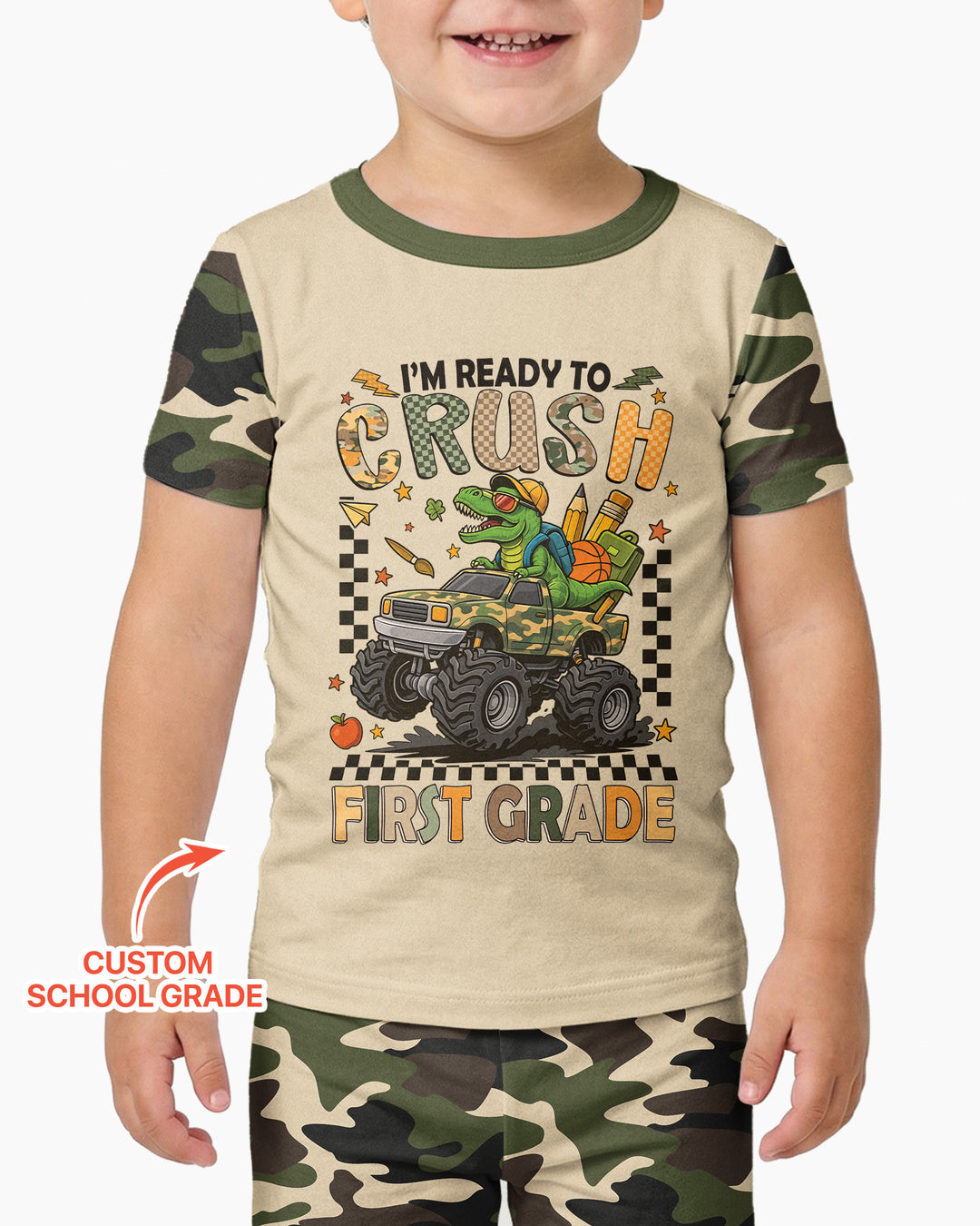 Back To School Monster Truck Dino Bamboo Two Piece Short Sleeve Pajama Set
