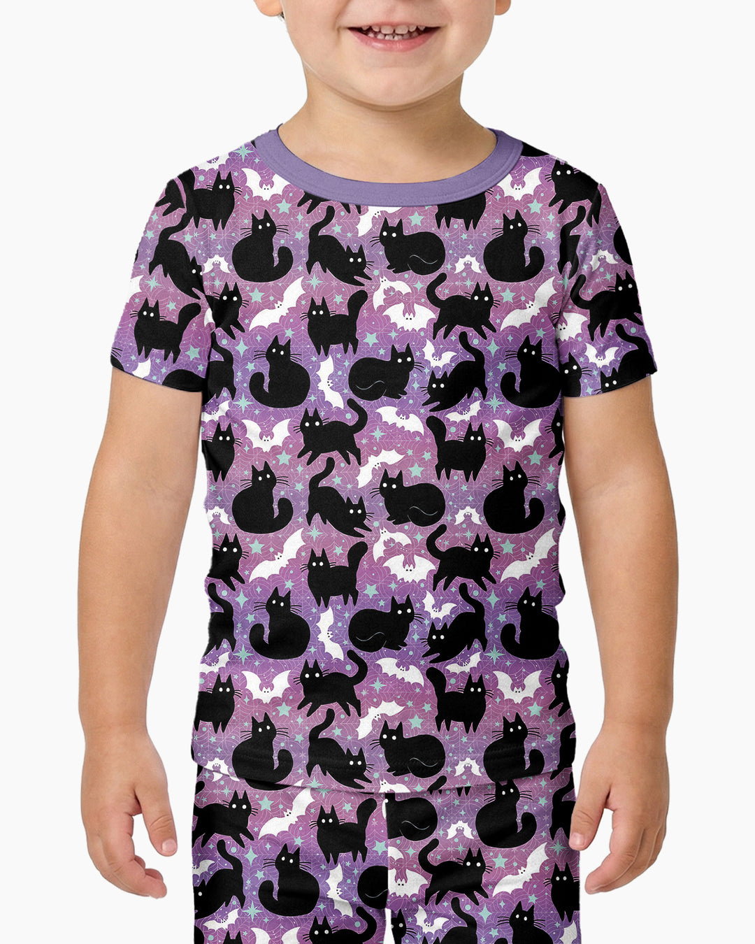 Spooky Black Cat Halloween Purple Bats Bamboo Two Piece Short Sleeve Pajama Set