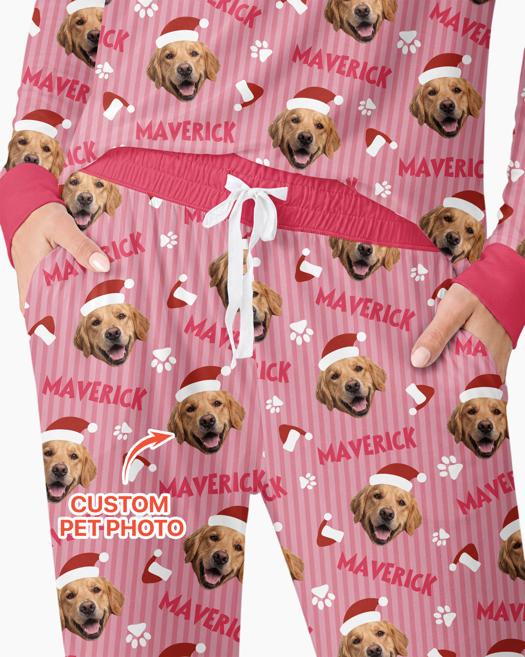 Custom Pet Photo Christmas Paws Stripe Bamboo Women Pajama Set