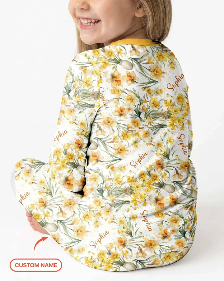 Custom Name Birth Month Flowers Bamboo Two Piece Long Sleeve Pajama Set