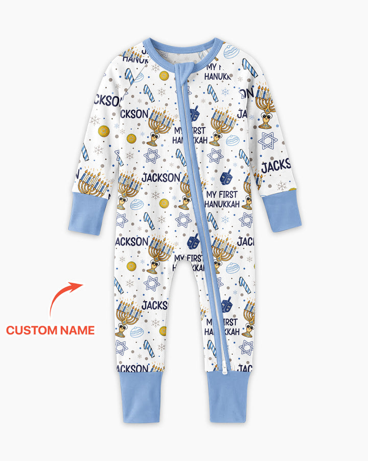 Custom Name Doodle Dreidel First Hanukkah Bamboo Convertible Zippy