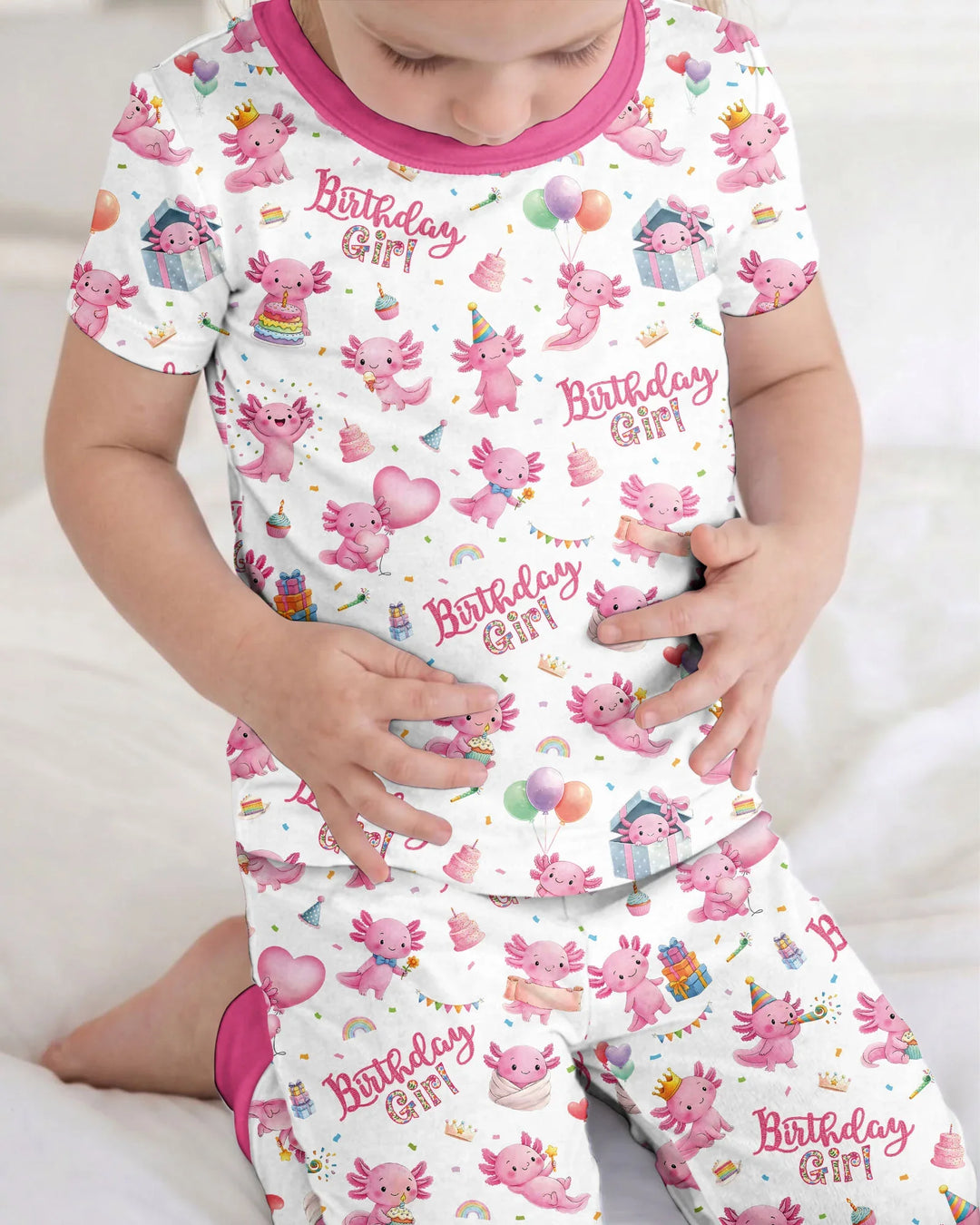 Cute Axolotl Birthday Girl Bamboo Two Piece Short Sleeve Pajama Set