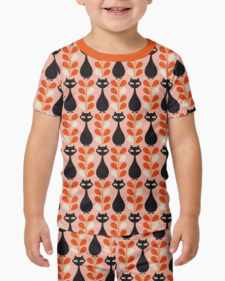 Retro Black Cat Garden Bamboo Two Piece Short Sleeve Pajama Set