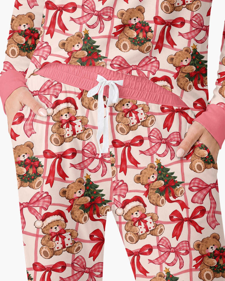 Pink Christmas Teddy Bear Plaid Mommy & Me Matching Bamboo Women Pajama Set