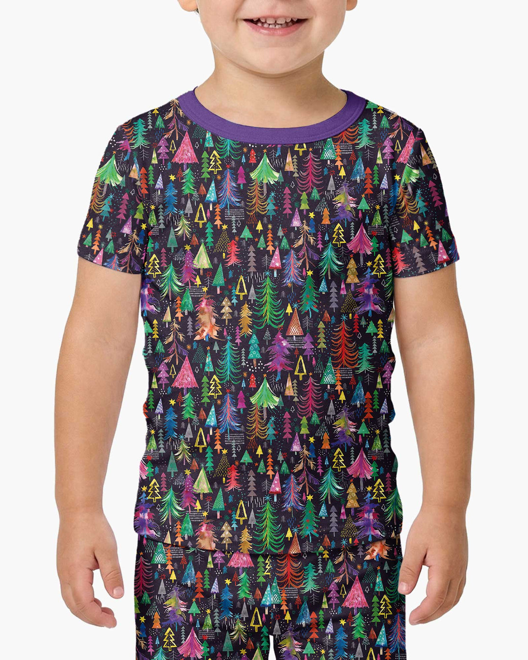 Christmas Holiday Colorful Trees Bamboo Two Piece Short Sleeve Pajama Set