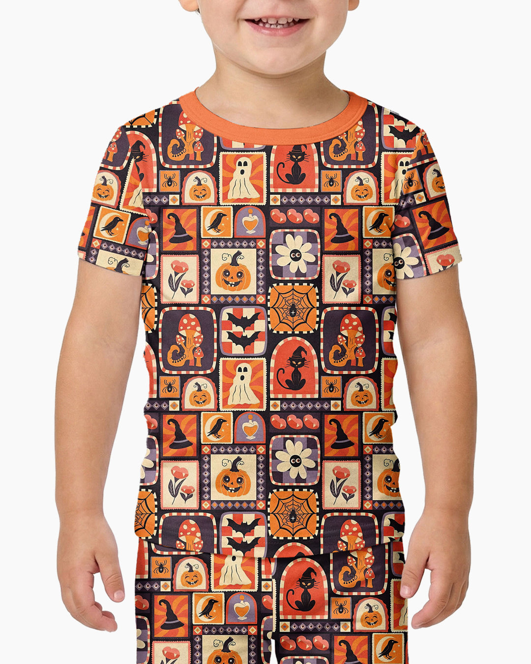Retro Halloween Patchwork Icons Bamboo Two Piece Short Sleeve Pajama Set