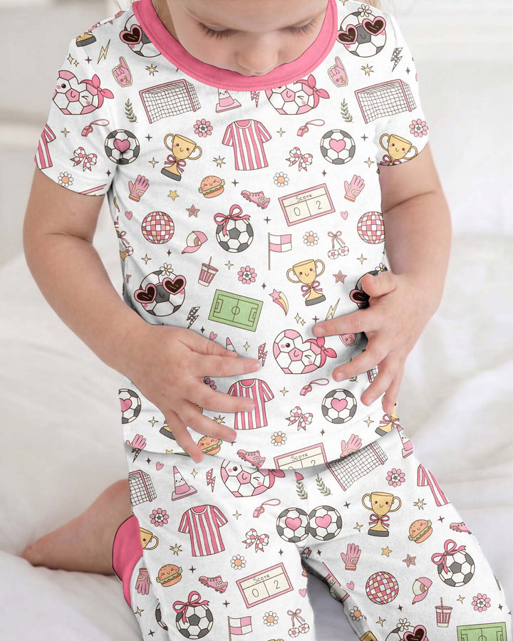 Pink Girly Soccer Coquette Bamboo Two Piece Short Sleeve Pajama Set