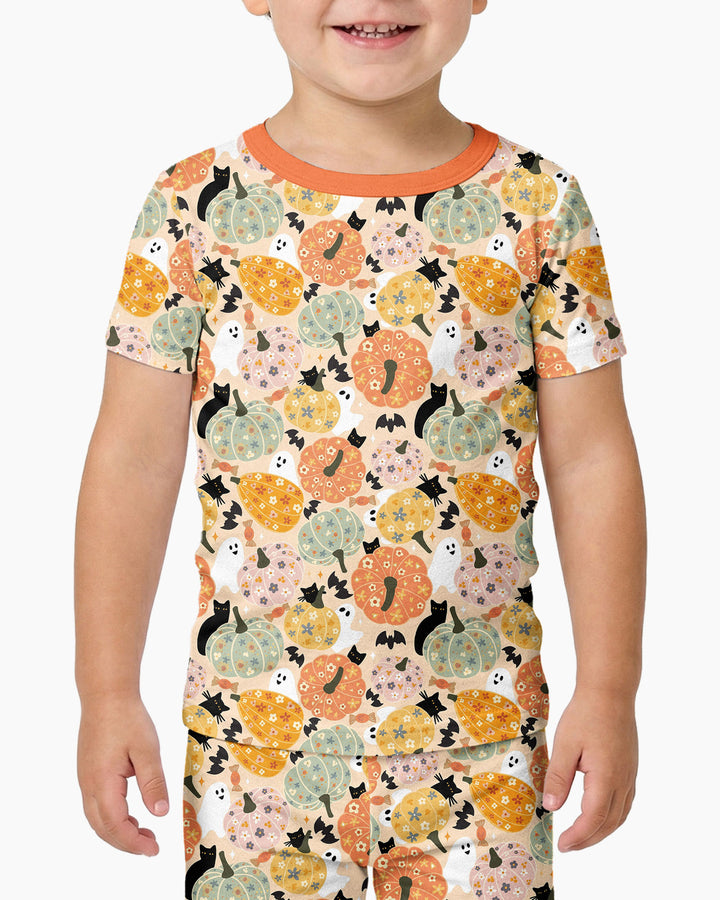 Floral Pumpkin Ghost Halloween Bamboo Two Piece Short Sleeve Pajama Set