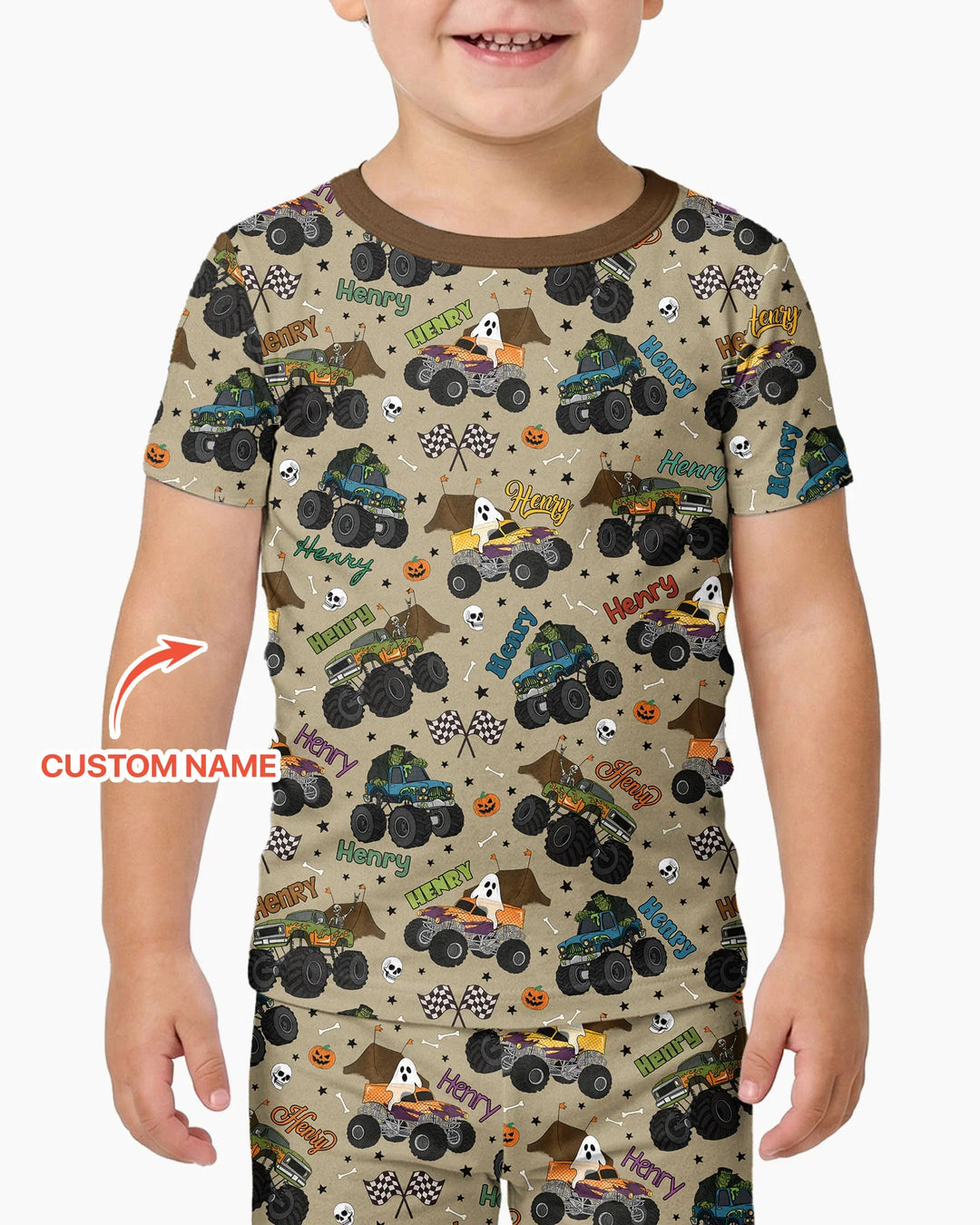 Custom Name Halloween Creepy Crusher Family Matching Bamboo Two Piece Short Sleeve Pajama Set