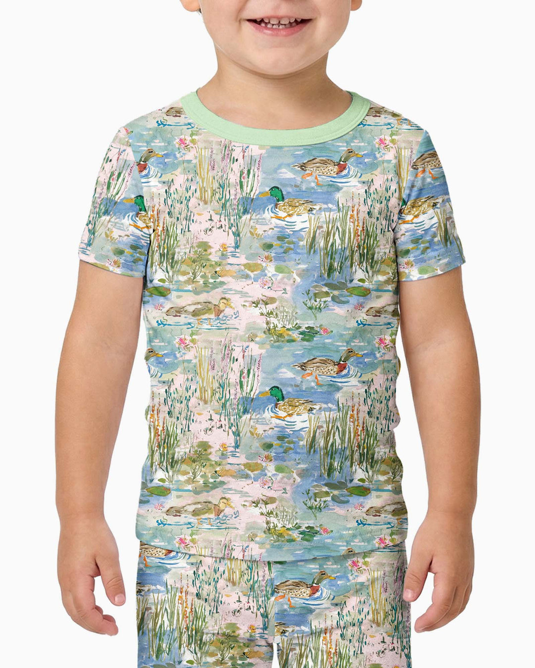 Watercolor Mallard Duck Bamboo Two Piece Short Sleeve Pajama Set