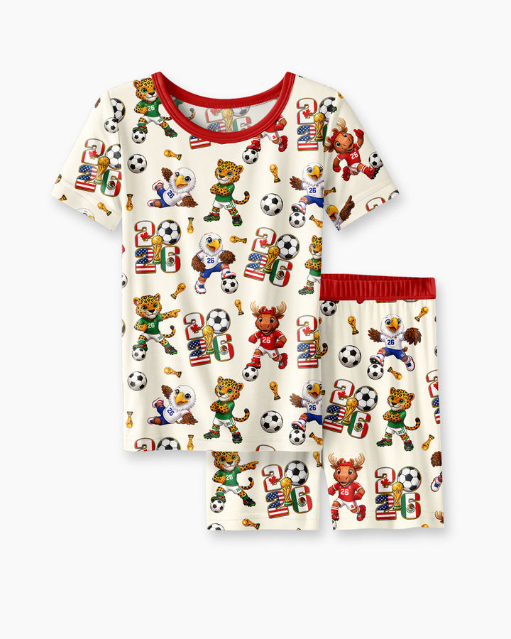 Cute Soccer Mascots USA CAN MEX Bamboo Two Piece Short Sleeve Shorts Pajama Set