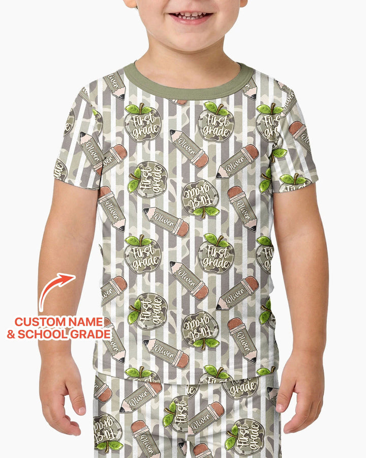 Custom Name Camo Apple Days Bamboo Two Piece Short Sleeve Pajama Set