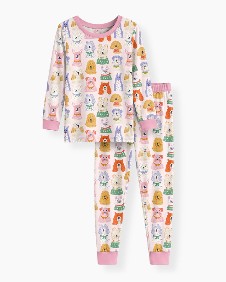 Whimsical Puppy Parade Family Matching Bamboo Two Piece Long Sleeve Pajama Set