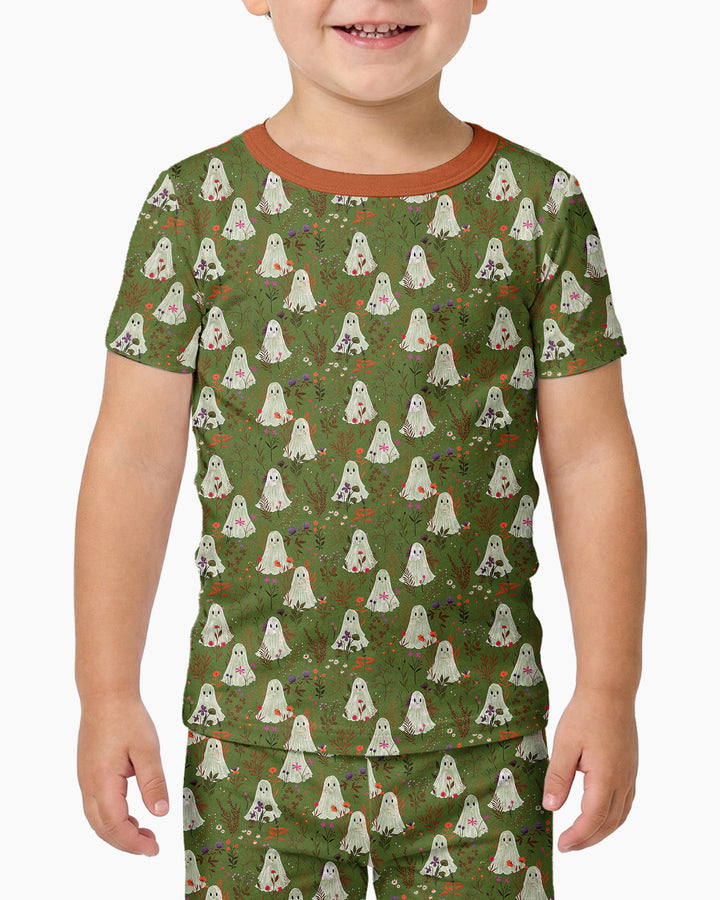 Cute Ghost Halloween Moss Green Floral Bamboo Two Piece Short Sleeve Pajama Set