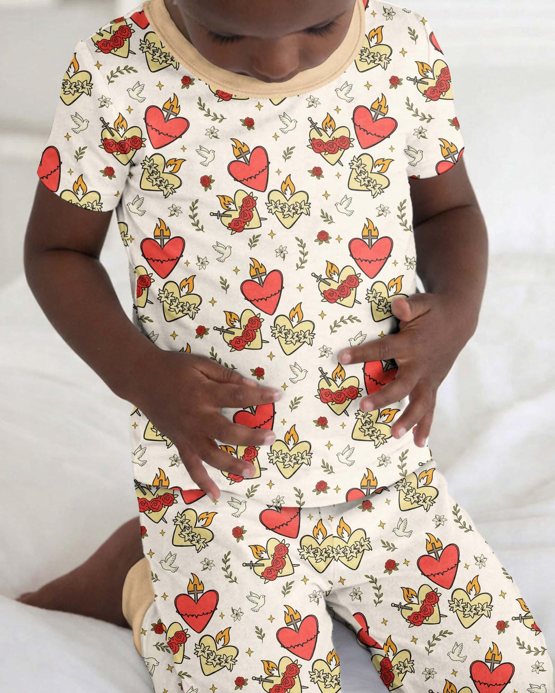 Three Sacred Hearts Bamboo Two Piece Short Sleeve Pajama Set
