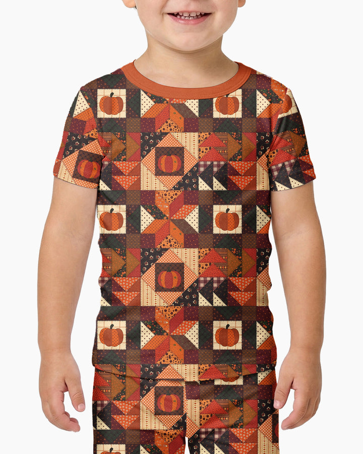 Vintage Pumpkin Patchwork Fall Bamboo Two Piece Short Sleeve Pajama Set