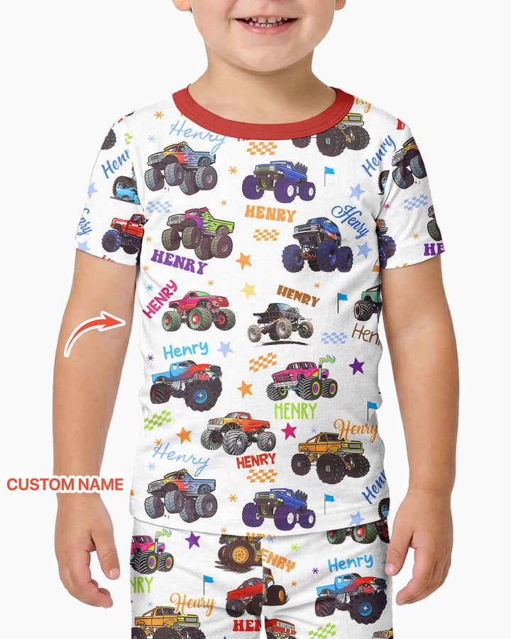 Monster Truck Custom Name Bamboo Two Piece Short Sleeve Pajama Set