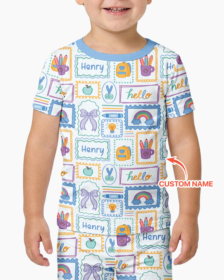 Custom Name Hello School Bamboo Two Piece Short Sleeve Pajama Set