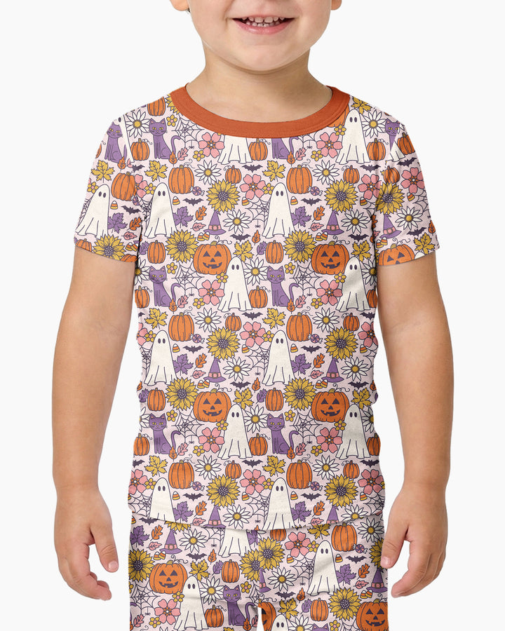 Ghost Pumpkin Fall Floral Halloween Bamboo Two Piece Short Sleeve Pajama Set