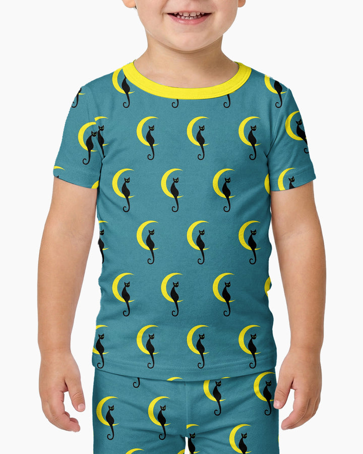 Black Cat Crescent Moon Celestial Night Bamboo Two Piece Short Sleeve Pajama Set